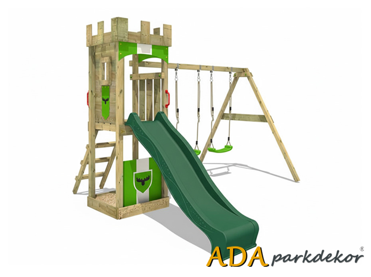 30681 Ahşap Kale Çatılı Kaydıraklı Salıncaklı Set