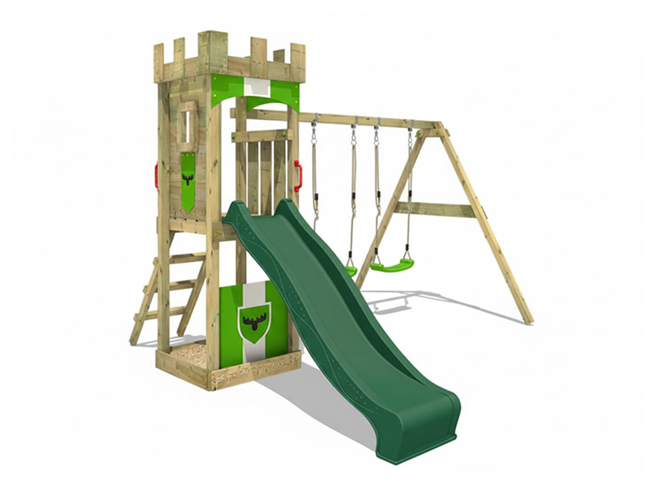 30681 Ahşap Kale Çatılı Kaydıraklı Salıncaklı Set