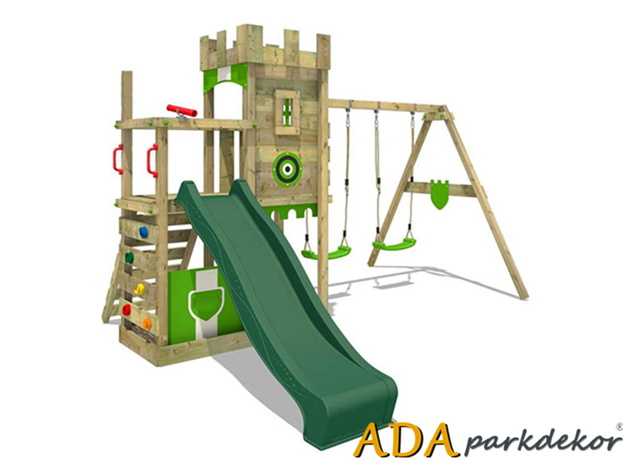 30685 Ahşap Çatılı Kaydıraklı Tırmanmalı Salıncak Seti