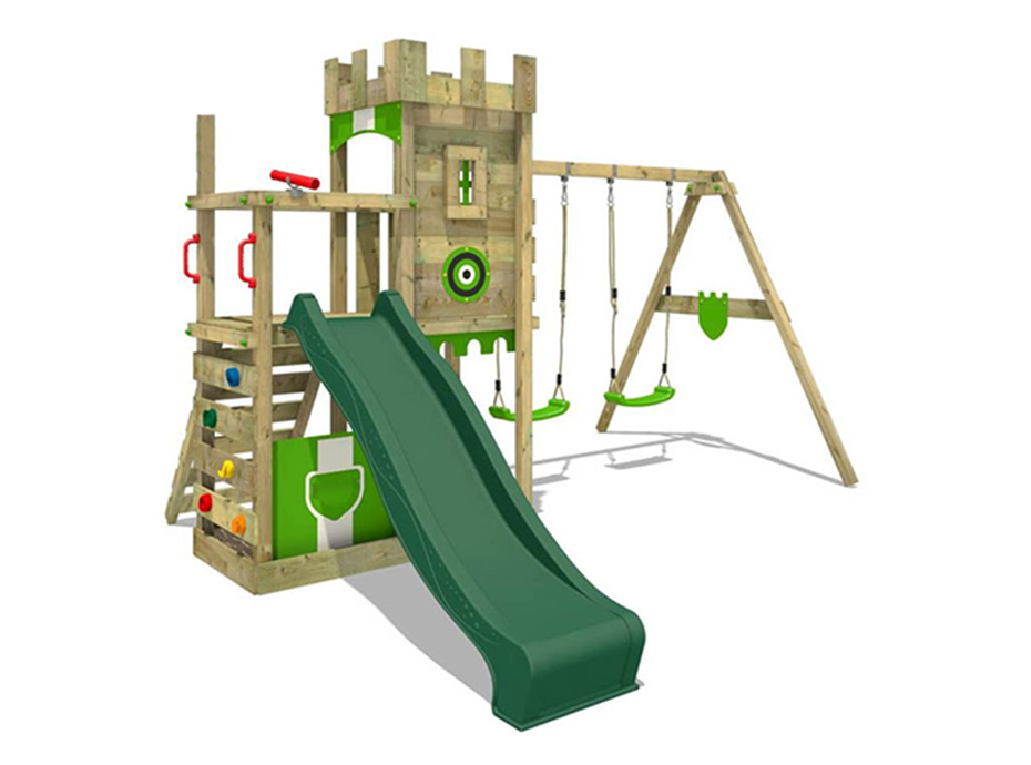 30685 Ahşap Çatılı Kaydıraklı Tırmanmalı Salıncak Seti