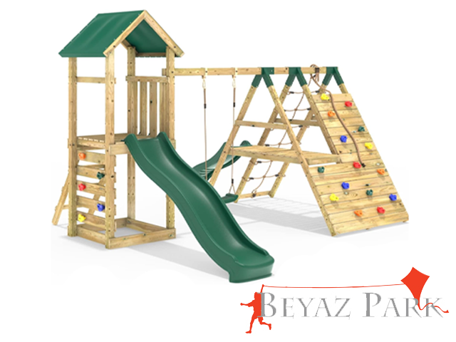 12 - 30650 - Ahşap Çift Kaydıraklı Tırmanmalı Salıncaklı Set