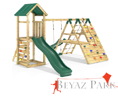 12 - 30650 - Ahşap Çift Kaydıraklı Tırmanmalı Salıncaklı Set