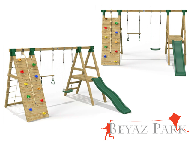 10 - 30640 - Ahşap Tırmanmalı Kaydıraklı Salıncak Seti