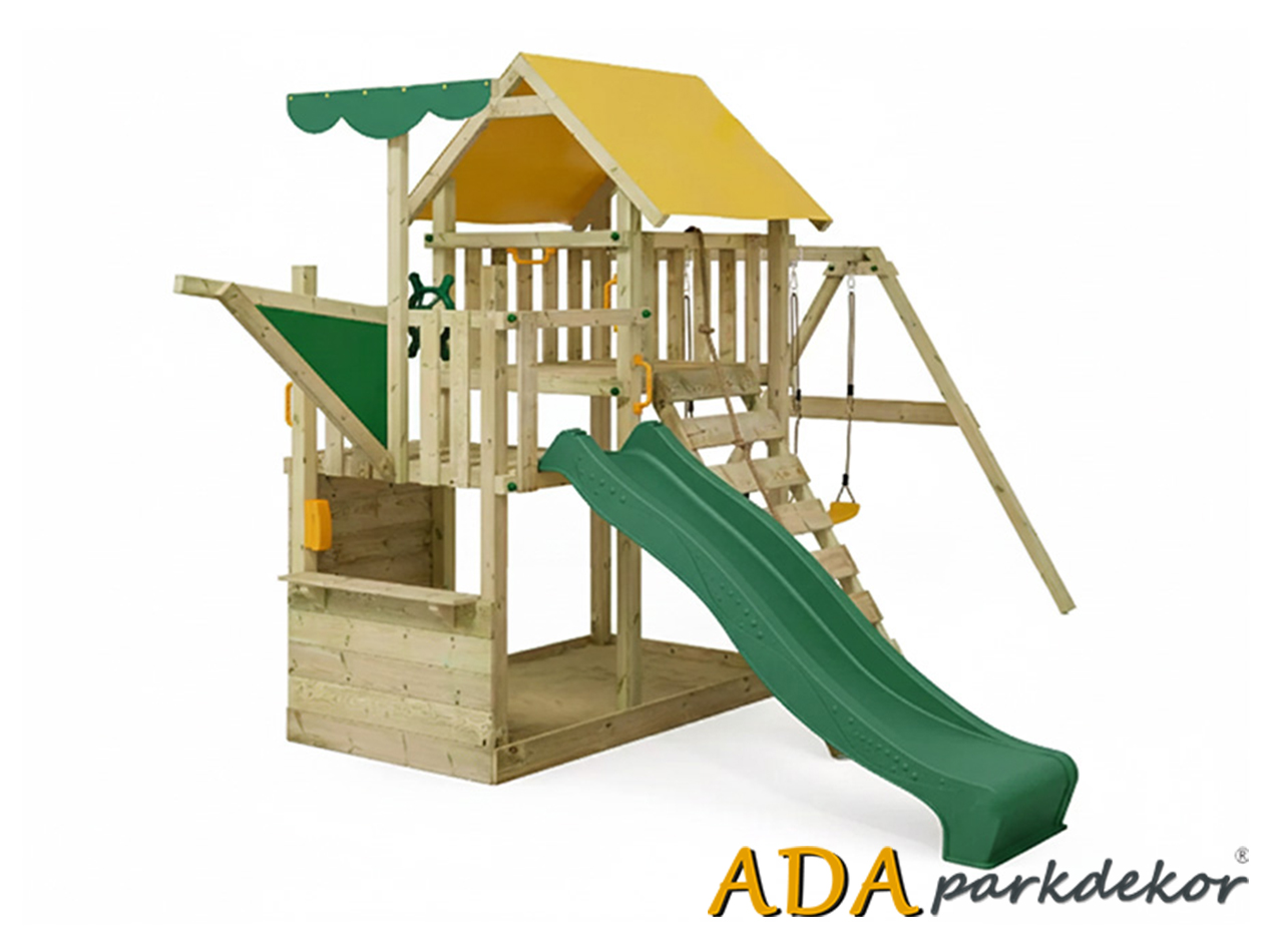 30688 Ahşap Çatılı Kaydıraklı İkili Salıncak Seti