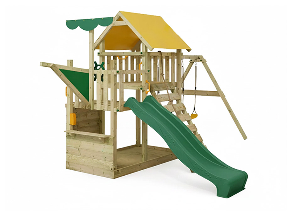 30688 Ahşap Çatılı Kaydıraklı İkili Salıncak Seti